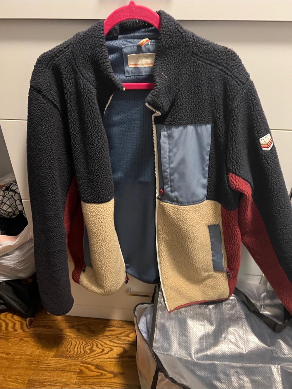 Marine Layer Colorblock Sherpa Jacket in Black, Tan & Burgundy